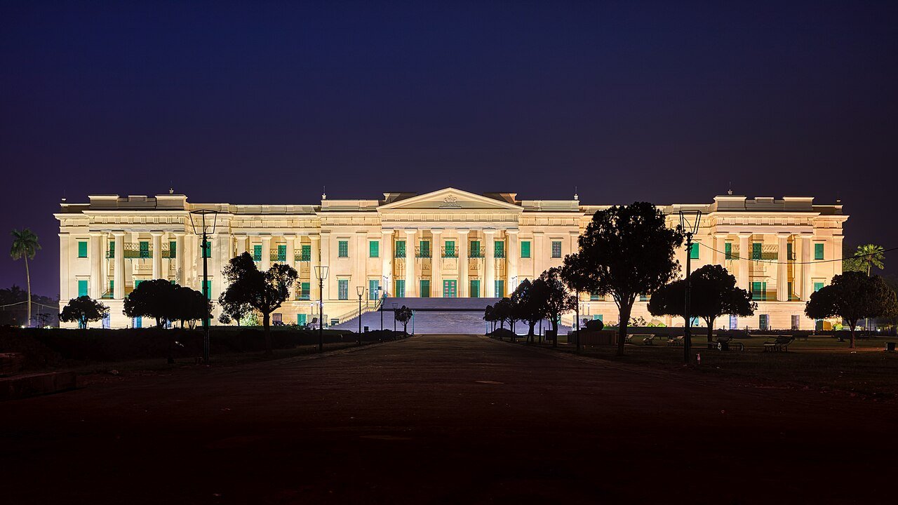 Illuminated historic Hazarduari Palace in Murshidabad near Baharampur