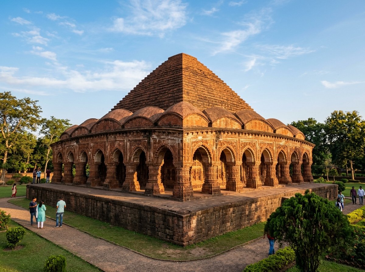 Historic terracotta Rasmancha temple with stepped pyramid and arched galleries in Bishnupur, Bankura