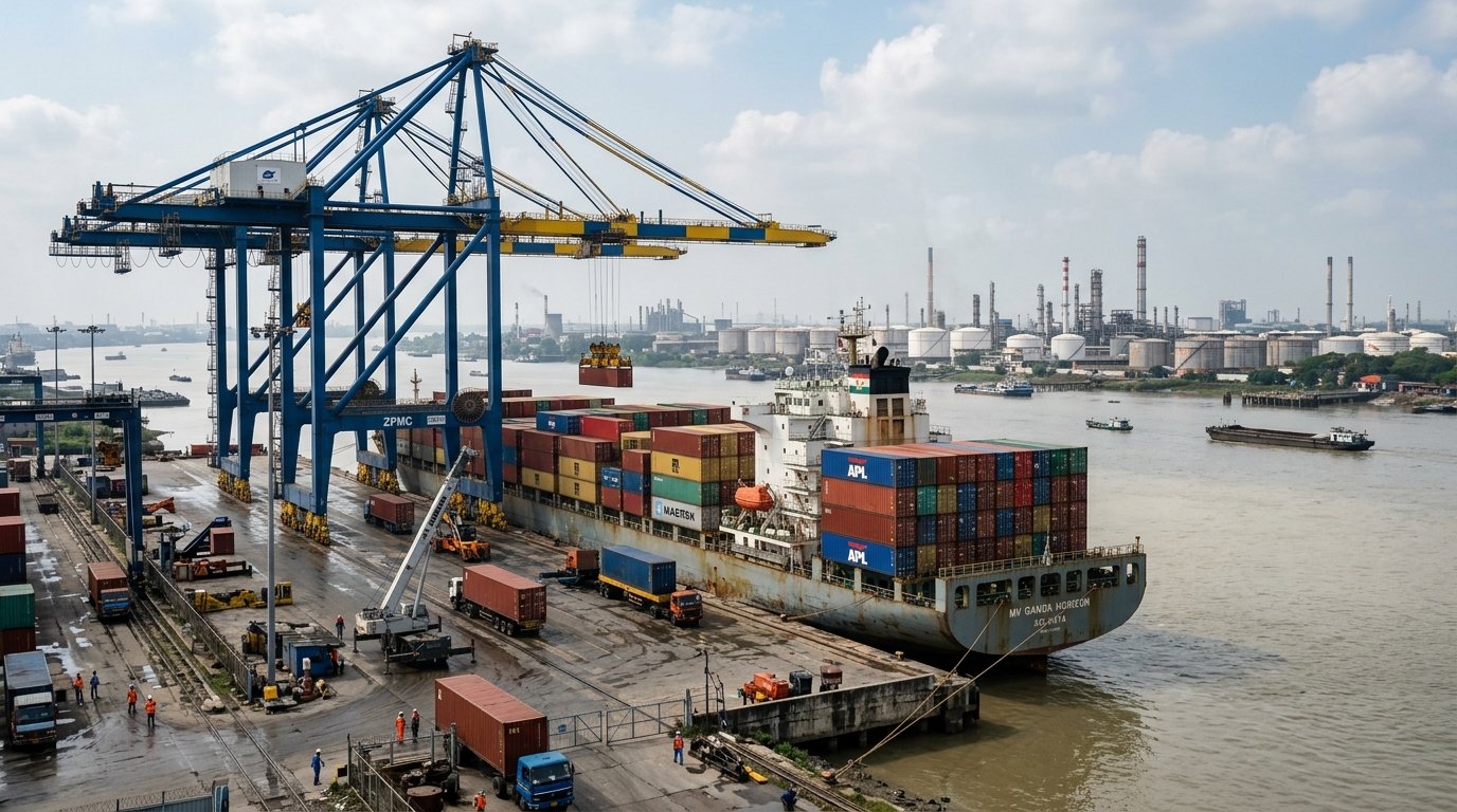 Haldia Port and container cargo vessel docked along Hooghly river in Purba Medinipur, West Bengal