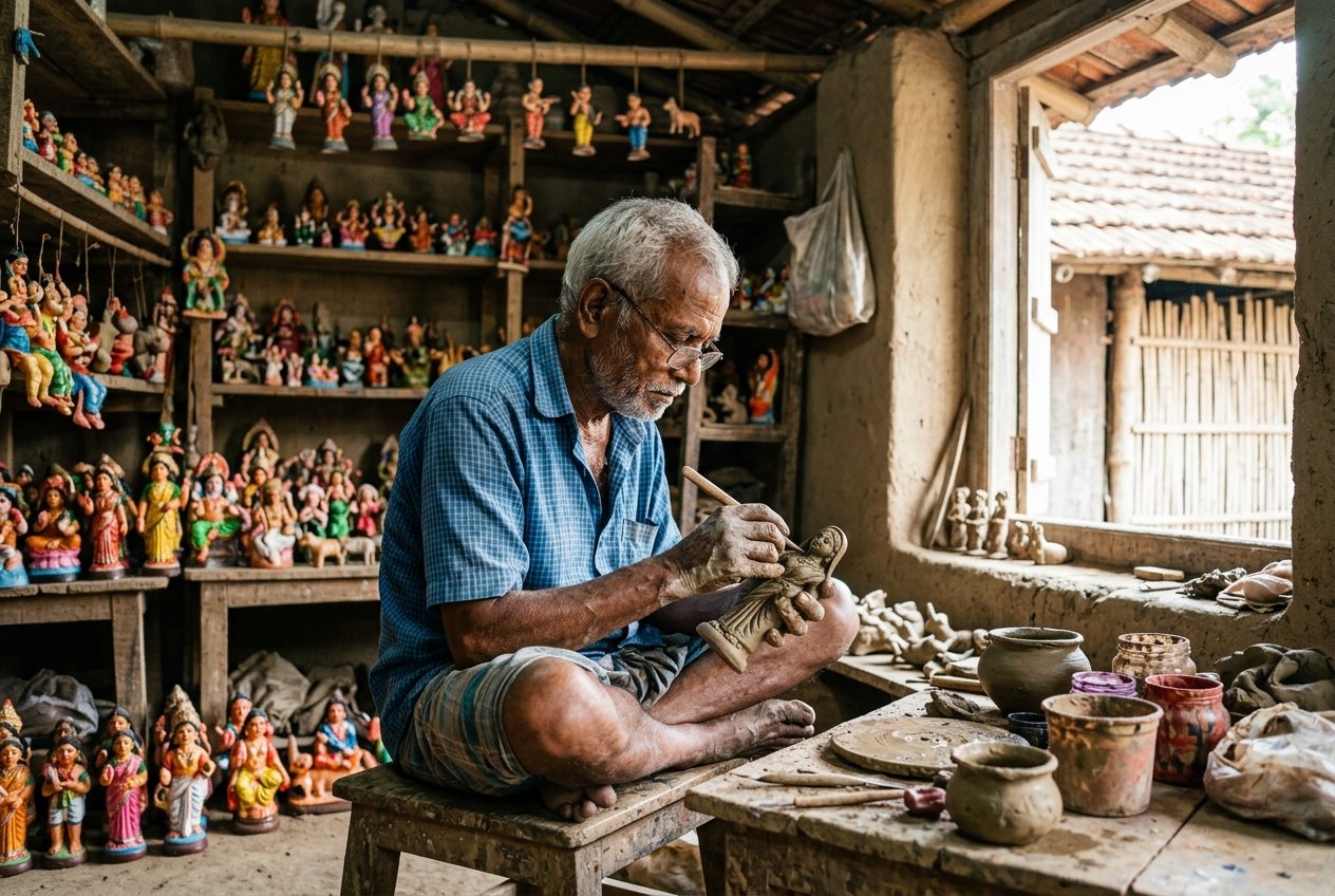 Master clay artisan in Ghurni, Krishnanagar sculpting traditional figurines and terracotta models