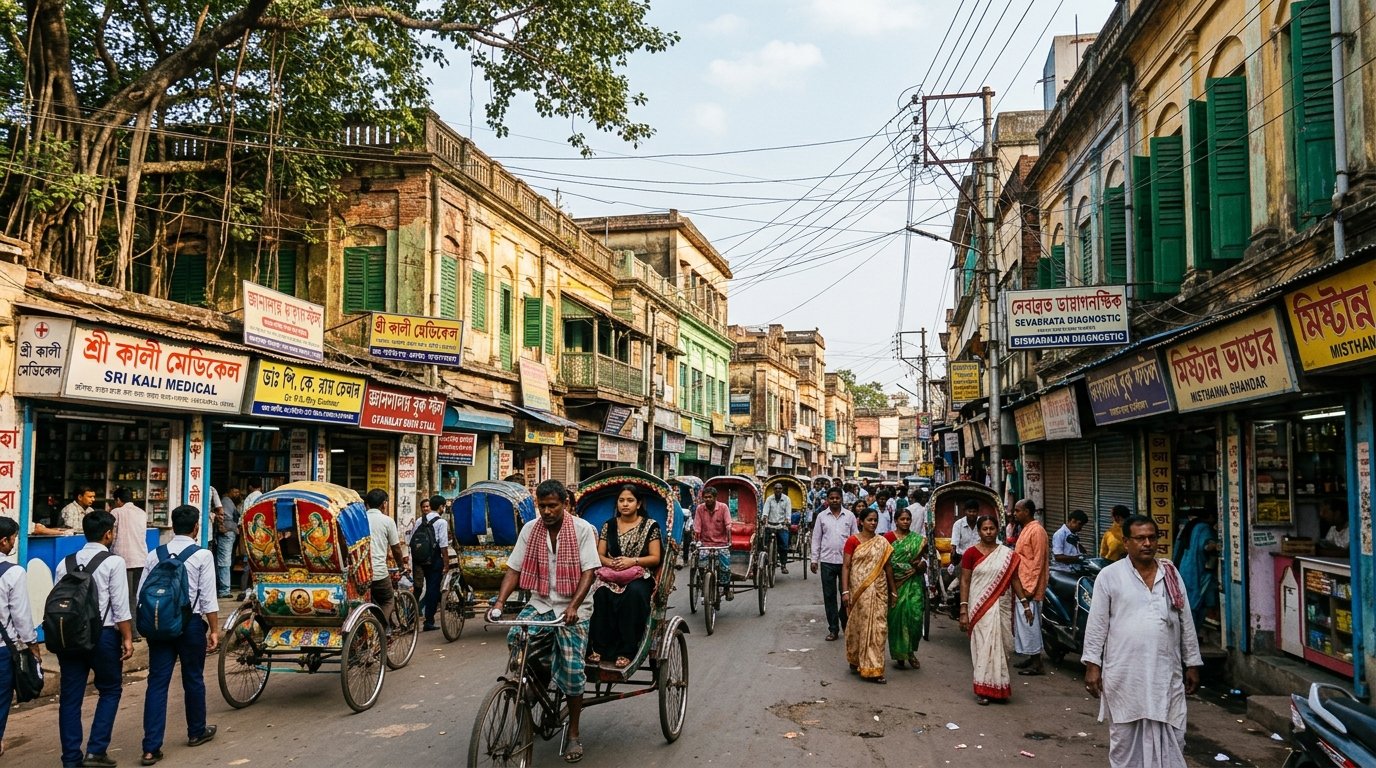 Historic Midnapore town commercial center, colonial buildings, clinics and merchants in Paschim Medinipur