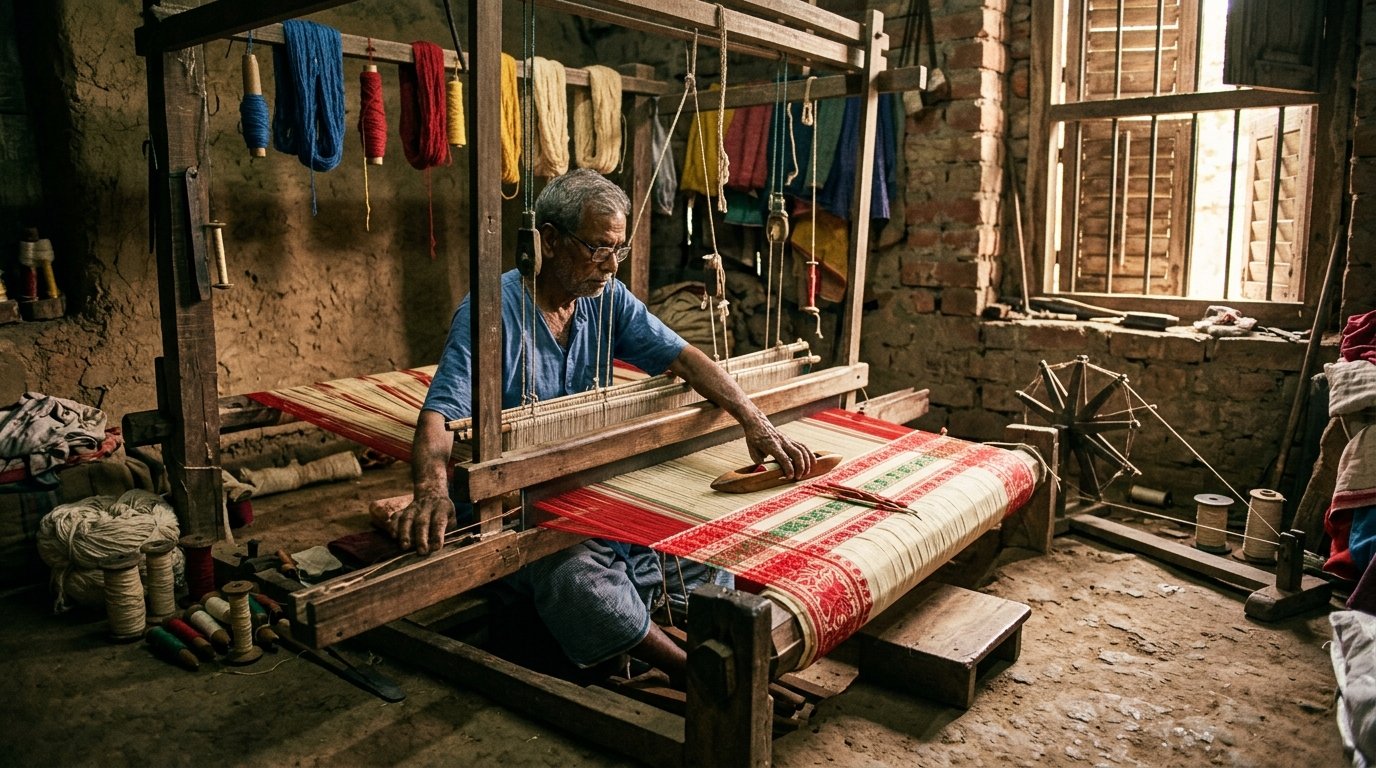 Master handloom weaver in Santipur, Nadia weaving traditional Bengali Tant cotton saree on wooden loom