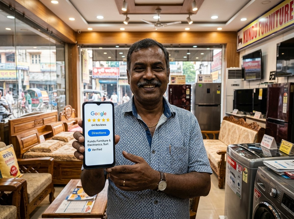 Google Business Profile 5-star map listing for furniture and electronics showroom in Suri town